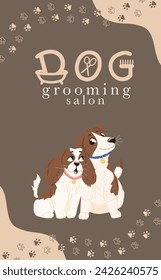 Vector poster template for pet shop, dog grooming salon. Design with dogs and paw print pattern. Hand written logo. Cartoon style for flyer, banner, advertisement, business card, social media.