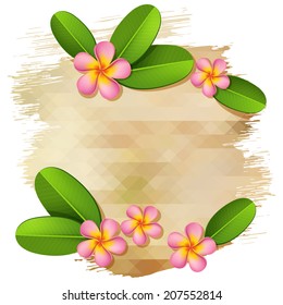 Vector poster template with pink frangipani flowers and beige grunge background