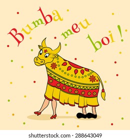 vector poster template of traditional brazilian celebration - "bumba meu boi" which is translated as hit my bull