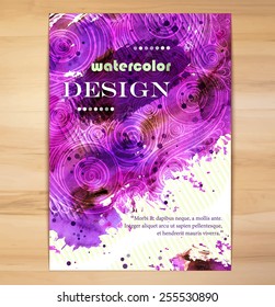 Vector Poster Template with Watercolor Paint Splash And Doodle Wave Pattern. Abstract Aquarelle Background for Business Flyers, Posters and Placards. Bright purple watercolor on wood background.