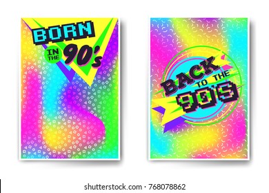 Vector poster templates back to the 90's and born in the nineties. Crazy vivid colors templates with holographic foil and geometric pattern on background. Made using vector mesh, easy to modify