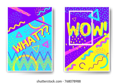 Vector poster templates with memphis stile illustrations. Abstract juicy colors templates for brochure, poster, party invitation.