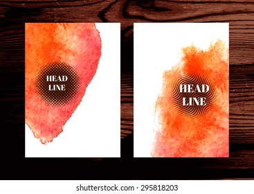 Vector poster templates on the wood texture. Hand drawn watercolor stain background. For book cover, mobile wallpaper, card, brochure, banner, web design.