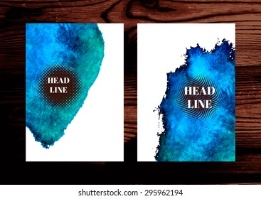Vector poster templates on the wood texture. Hand drawn watercolor stain background. For book cover, mobile wallpaper, card, brochure, banner, web design.