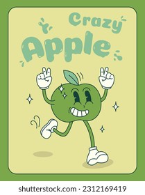 Vector poster with text of green crazy apple in groovy style. Cartoon character in the retro style of the 70s-80s on a green background for projects.