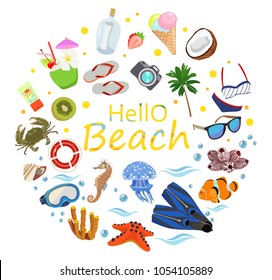 Vector poster with text Hello beach with elements of leisure and sea on white background. . Concept of design of summer beach holiday.