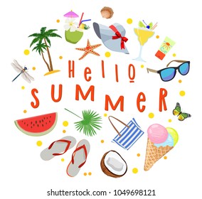 Vector poster with text Hi summer with elements of leisure and sea on white background. Concept of design of summer beach holiday.