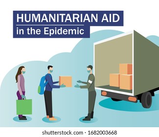 Vector poster with the text Humanitarian Aid in the Epidemic. Drawn in a flat style people standing for help on a white-blue background. For printing volunteer assistance for people.