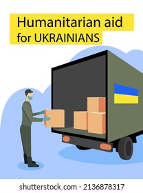 Vector poster with the text Humanitarian Aid in the Epidemic. Flat people standing for help on a white-blue background. For printing during an epidemic, pandemic, volunteer assistance for people.