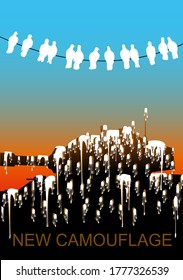 Afiche vectorial con el texto "nuevo camuflaje", palomas sentadas en un cable debajo de un tanque militar que está cubierto de heces.