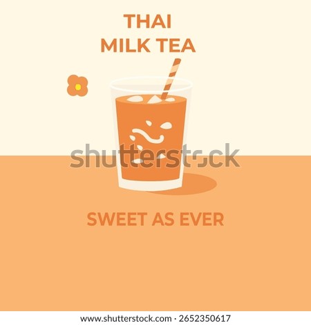 A vector poster of Thai milk tea with ice, minimal flat design in warm colors. Perfect for cafe menus and beverage marketing.