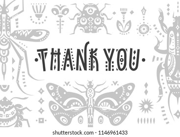 Vector poster "Thank you" with patterned insects and lettering.