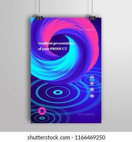 Vector poster that hangs on binders. Neon colored gyre and circles. Dark backdrop.