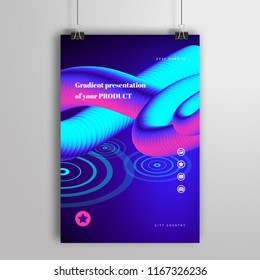 Vector poster that hangs on binders with abstract 3d neon shape and circles. Place for your text.