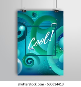Vector poster that hangs on binders with deep blue fluid background. Liquid gradient shapes. Geometry patterns and bubbles on backdrop. Frame with inscription Cool.