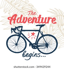 Vector poster "The Adventure begins..." with bicycle and isolated floral background