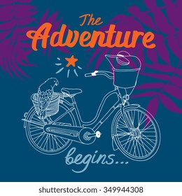Vector poster "The Adventure begins..." with bicycle and isolated floral background