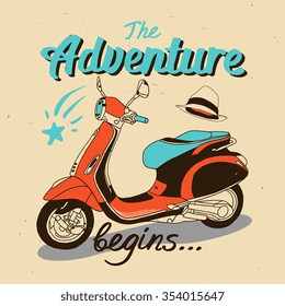 Vector poster "The Adventure begins...". Vintage bike illustration