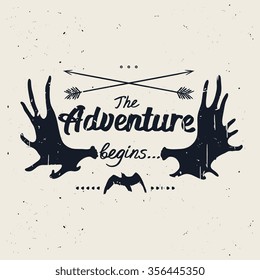 Vector poster "The Adventure begins..." with arrows, horns and bird