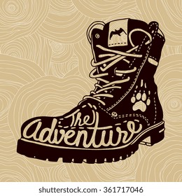 Vector poster "The Adventure" with boot, bird and paw. Isolated on wood texture