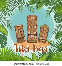 Vector poster tiki bar. Traditional Hawaiian idols surrounded by a framework of tropical leaves