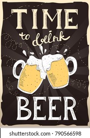 Vector poster "Time to drink beer". 
beer mugs