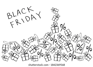 Vector poster, title, frame on theme of black Friday, shopping, discounts and sales. Border made from hand drawn outline gifts, percents, price tags in doodle style