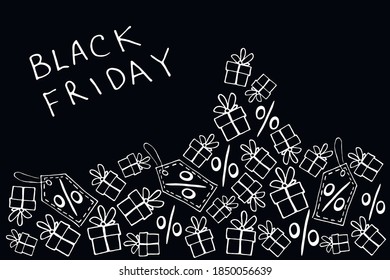 Vector poster, title, frame on theme of black Friday, shopping, discounts and sales. Border from hand drawn outline gifts, percents, price tags in doodle style. Backdrop with mountain of presents