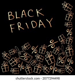 Vector poster, title, frame on theme of black Friday, shopping, discounts and sales. Border made from hand drawn outline gifts, percents, price tags in doodle style