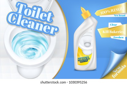 Vector poster of toilet cleaner ads, flushing water with detergent, top view of bowl in 3d illustration. Cleaning concept, liquid disinfectant promotion. Antiseptic brand, chemistry banner