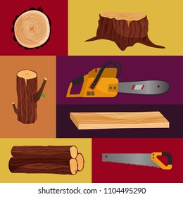 
Vector poster with tools for cutting trees: ?hainsaw, saw, ax