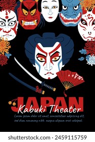 Afiche de Vector con máscaras tradicionales japonesas de Kabuki: demonios míticos y samuráis con un espacio vacío para texto sobre un fondo negro. Ideal para decoraciones teatrales.