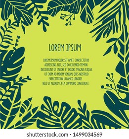 Vector poster with tropical leaves as a decorate frame. Cartoon background for text. For invite cards, web banner design, posters. Handraw colorful cartoon illustration. Exotic flora. Monstera leaves.