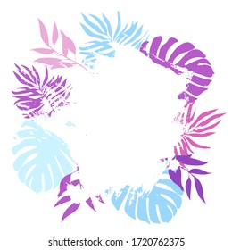 Vector poster with tropical leaves monstera and palm and white square brush stroke on a white background. Colorful banner template .Vector illustration isolated on white background.