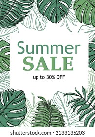 Vector poster with tropical leaves and Summer Sale text. Discount banner with hand-drawn elements.