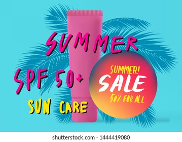 Vector poster with tropical leaves, sunscreen tube and text Summer Sale. Colorful pastel banner template with lettering composition.