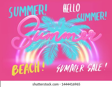 Vector poster with tropical leaves and text Summer Sale, Hello Summer. Colorful cute pink pastel banner template with lettering composition and neon rainbow signboard. Vaporwave/ retrowave cool style.