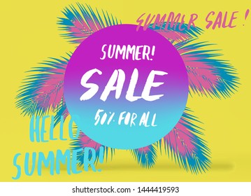 Vector poster with tropical leaves and text Summer Sale. Colorful yellow banner template with lettering composition. Vaporwave/ synthwave 80s-90s neon aesthetics style.