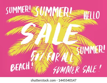 Vector poster with tropical leaves and text Summer Sale. Colorful banner template with lettering composition.