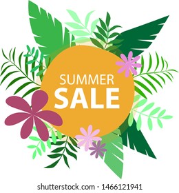 Vector poster with tropical leaves and text Summer Sale in the round frame. Banner design template.