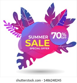 Vector poster with tropical leaves and text Summer Sale on Shape Gradient Color Style.Sale banner template design, Flash sale special offer set and discount . - Vector