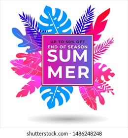 Vector poster with tropical leaves and text Summer Sale on Shape Gradient Color Style.Sale banner template design, Flash sale special offer set and discount . - Vector