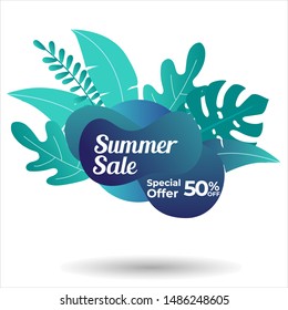 Vector poster with tropical leaves and text Summer Sale on Shape Gradient Color Style.Sale banner template design, Flash sale special offer set and discount . - Vector