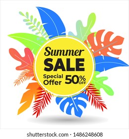 Vector poster with tropical leaves and text Summer Sale on Shape Gradient Color Style.Sale banner template design, Flash sale special offer set and discount . - Vector