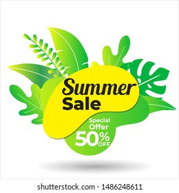 Vector poster with tropical leaves and text Summer Sale on Shape Gradient Color Style.Sale banner template design, Flash sale special offer set and discount . - Vector
