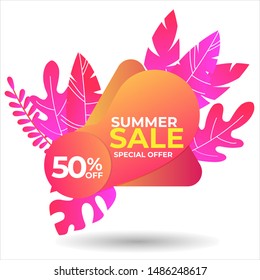 Vector poster with tropical leaves and text Summer Sale on Shape Gradient Color Style.Sale banner template design, Flash sale special offer set and discount . - Vector - Shutterstock ID 1486248617