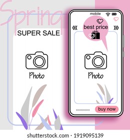 Afiche vectorial con hojas tropicales y texto Primavera Sale. Cartel de descuento. Venta en línea.