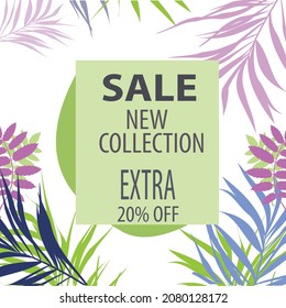 Vector poster with tropical leaves and text Summer Sale on the realistic pink smear. Bright discount banner with hand drawn element.
