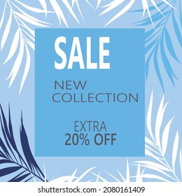 Vector poster with tropical leaves and text Summer Sale on the realistic pink smear. Bright discount banner with hand drawn element.
