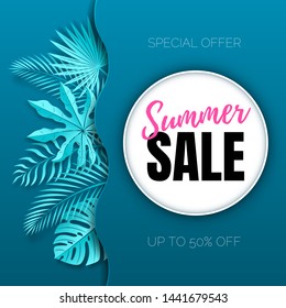 Vector poster with tropical leaves under wavy paper cut and text Summer Sale in the white round frame.  Banner design template.